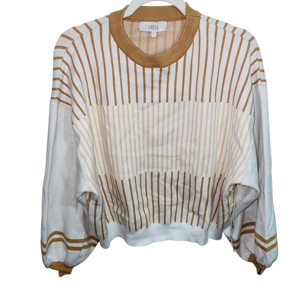Lucca Couture NWT Striped Neutral Slouchy Puff Sleeve Sweater Cozy Boho M